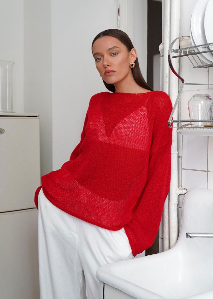 Sheer Red Knit Sweater - Bold and Breezy