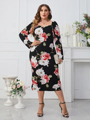 Plus Size Printed Square Collar Tight Waist Sheath Long Sleeve Dress