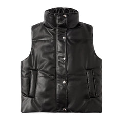 Autumn Winter Women Leather Waistcoat Sleeveless Quilted Zipped Cotton Padded Jacket Stand Collar