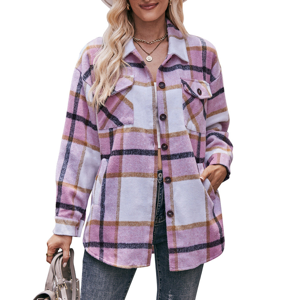 Women Autumn Winter Plaid Jacket Casual Loose Pockets Shirt