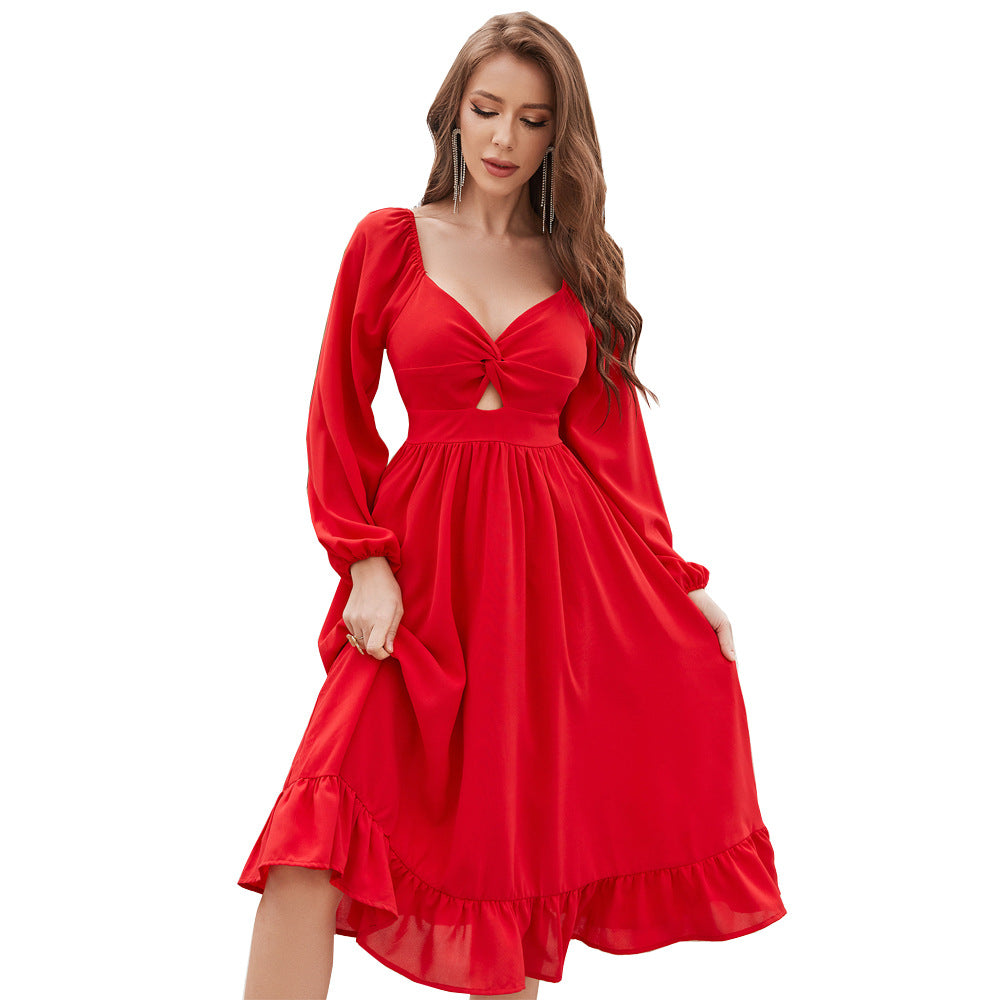 Women Clothing Sweet Summer Chiffon Hollow Out Cutout out Midi Dress