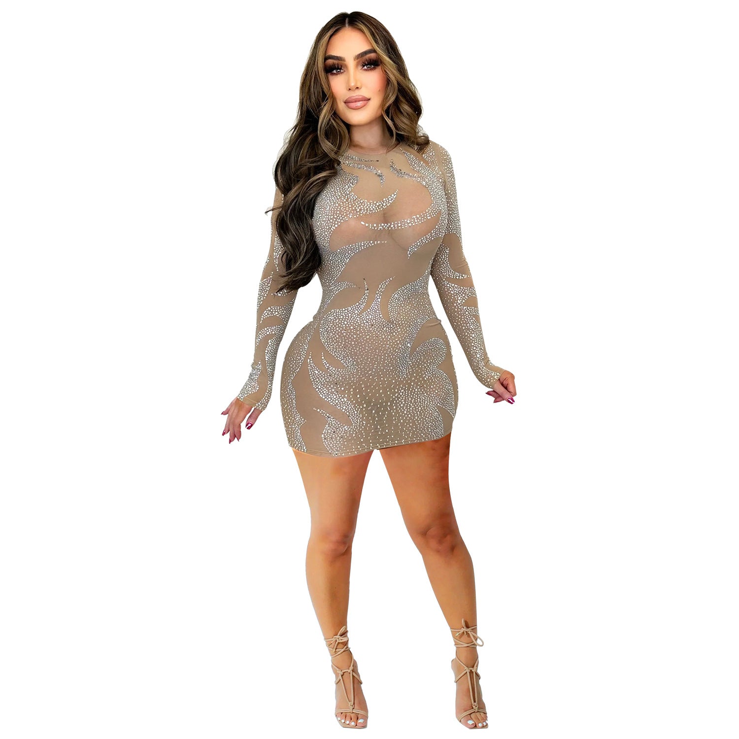 Women Mesh Rhinestone Long Sleeve Short Dress – Sparkling Party Mini Dress