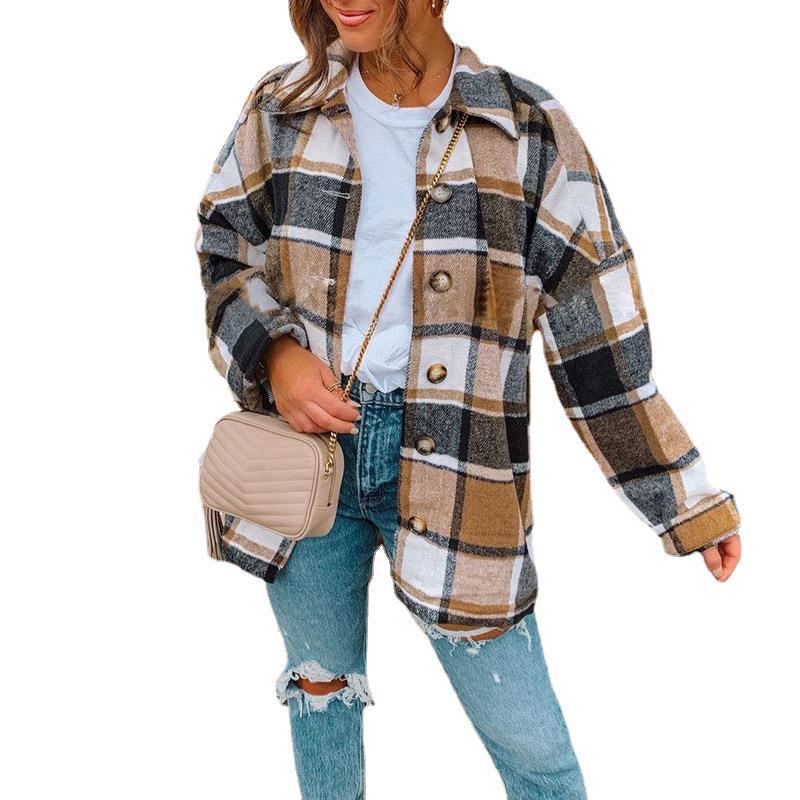 Women Autumn Winter Internet Celebrity Long Sleeve Collared Loose Plaid Shacket Jacket