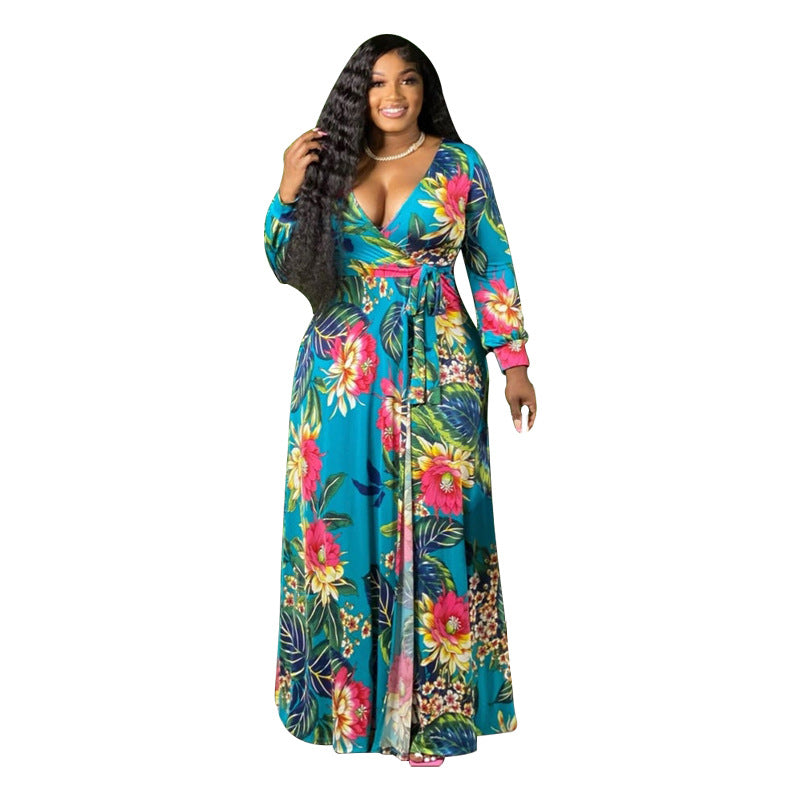 Plus Size Summer Floral Leaf Print Loose Dress with Belt – Stylish and Flattering for Curvy Women