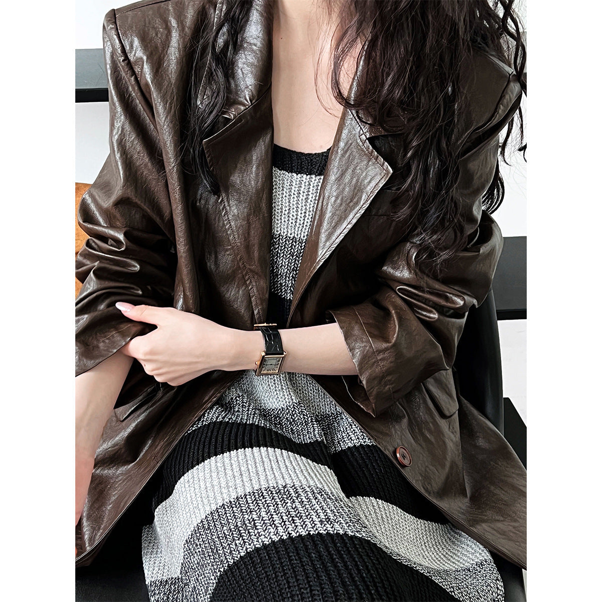 Autumn Small Street Retro Shiny Patent Leather Blzaer Leather Coat Women