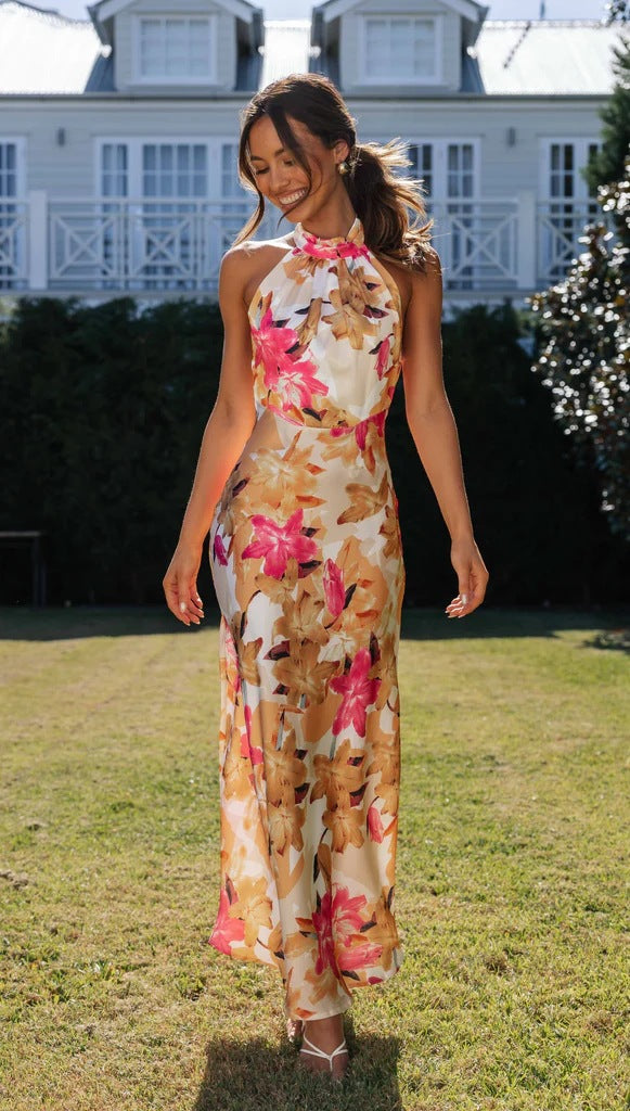 Floral Print Halter Backless Flowy Vacation Maxi Dresses