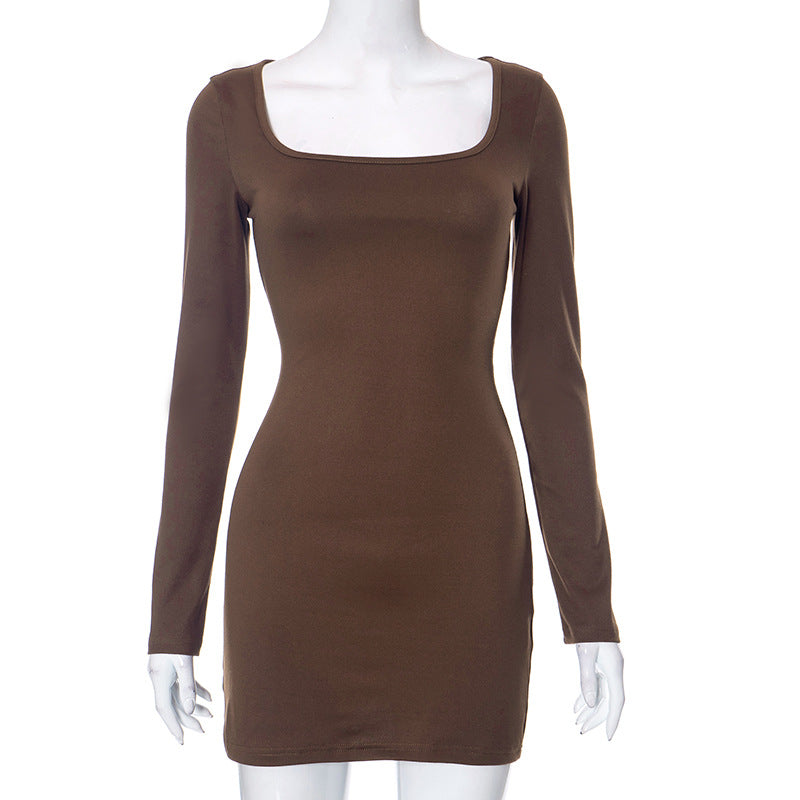 Women Clothing Autumn Winter Square Collar Long Sleeve Hip Wrapped Sexy Dress