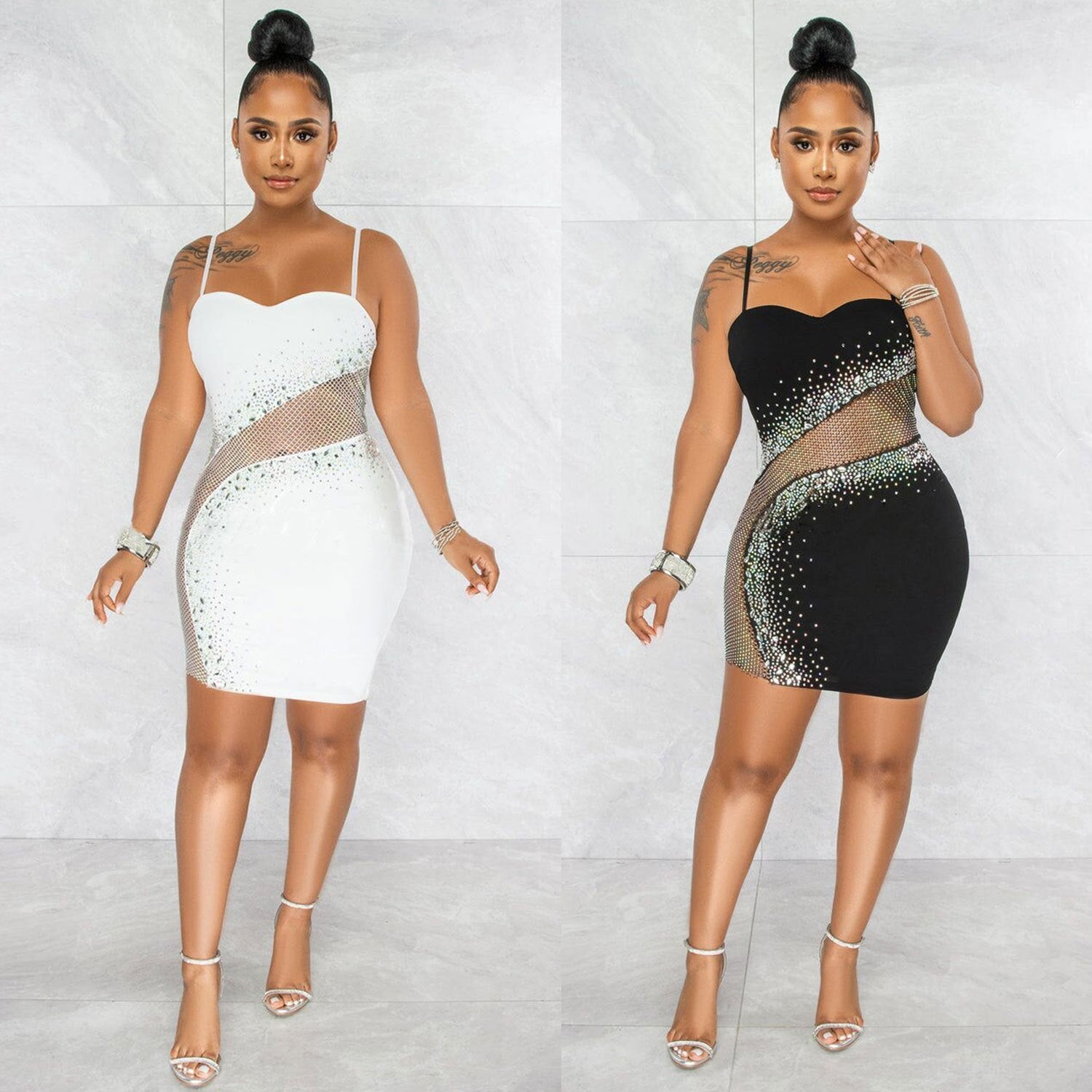 Sexy Slim-Fit Mesh Rhinestone Strap Dress