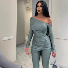 Women’s Solid Color One Shoulder Cold Shoulder Long Sleeve Top Tight Trousers Casual Set for Autumn Winter