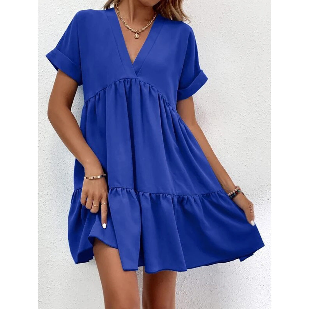 Women Solid Color Loose Waist Midi Dress V neck Dress for Women