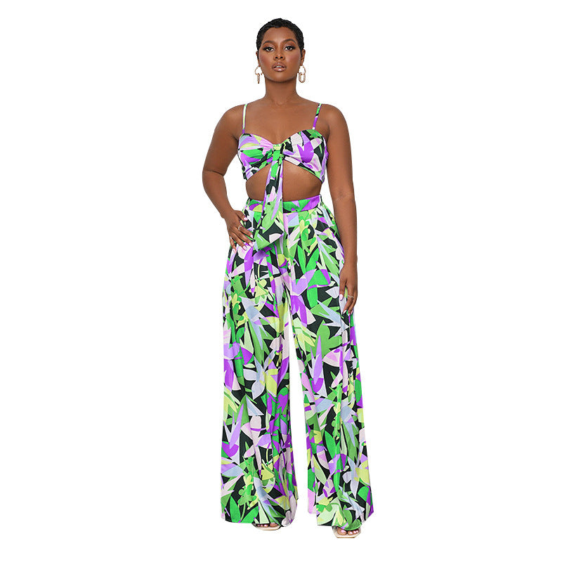 Summer Printed Sexy Strap Tube Top Cropped Women Clothing Casual Wide Leg Pants Suit