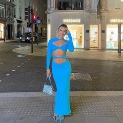 Sexy Split Tight Dress Autumn Winter Blue Color Maxi Dress Twisted Hollow Out Cutout round-Neck Long-Sleeved Dress Women