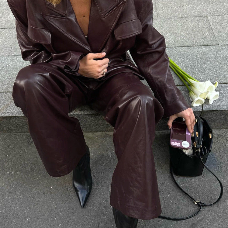 Faux Leather Jacket And Pants Suit