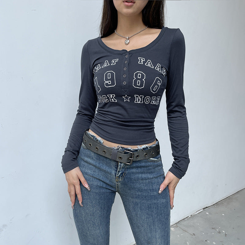 Street Vintage Letter Graphic Print V neck Single Breasted Slim Fit Long Sleeved T shirt Sexy Early Autumn Chest Flattering Top