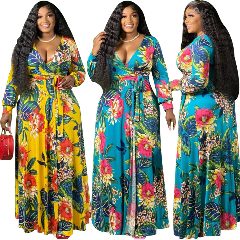 Plus Size Summer Floral Leaf Print Loose Dress with Belt – Stylish and Flattering for Curvy Women