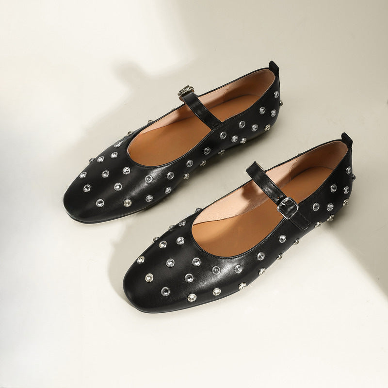 Studded Rhinestones Mary Jane One-Line Buckle Ballet Flats