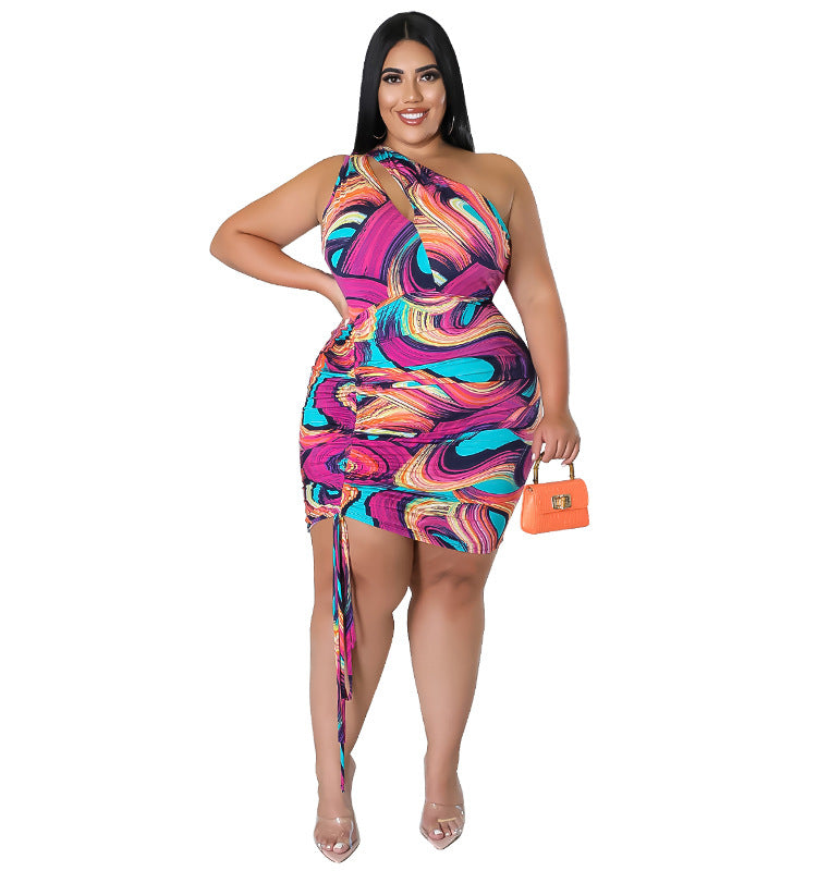 My927 plus Size Women Clothes Pattern Print One-Shoulder Sleeve Sexy Drawstring Bag Hip Dress