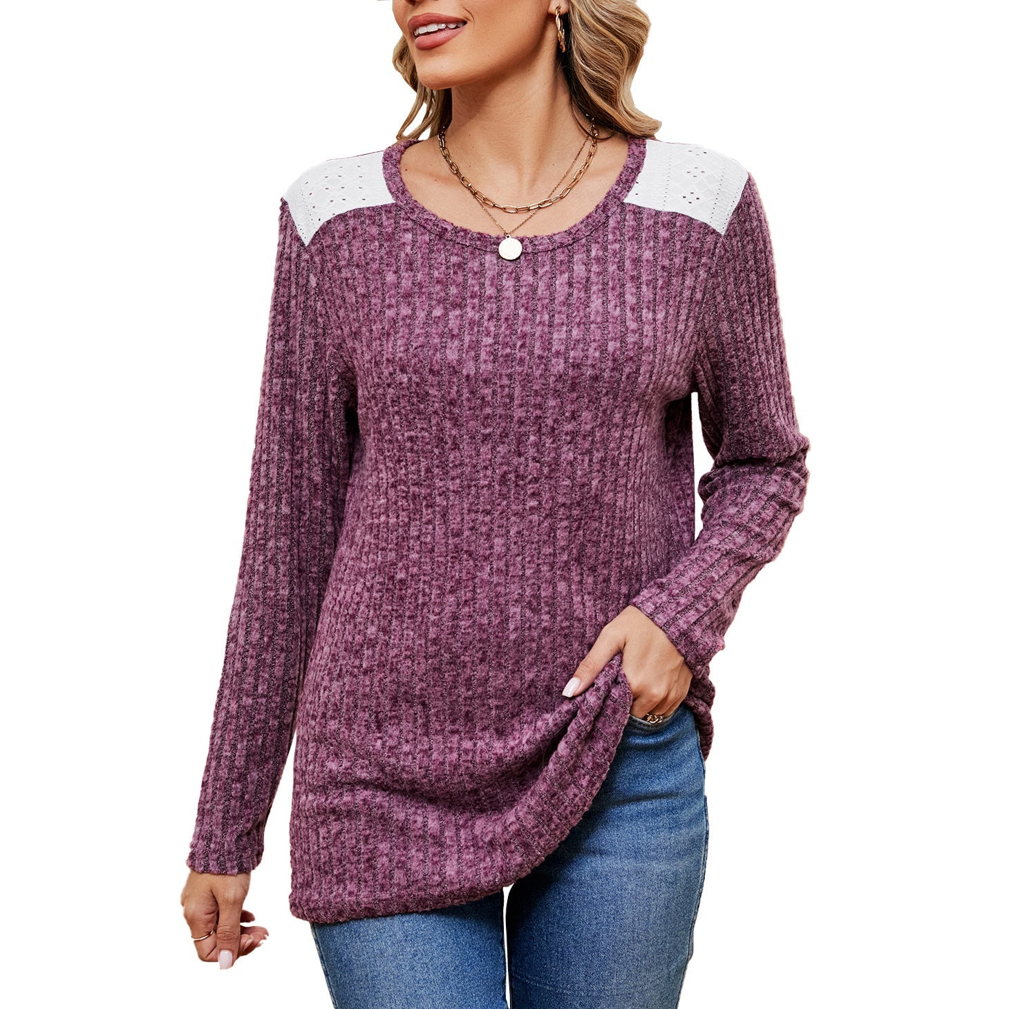 Autumn Winter Sunken Stripe Brushed Color Contrast Patchwork Long Sleeve Crew Neck T Shirt Top Women