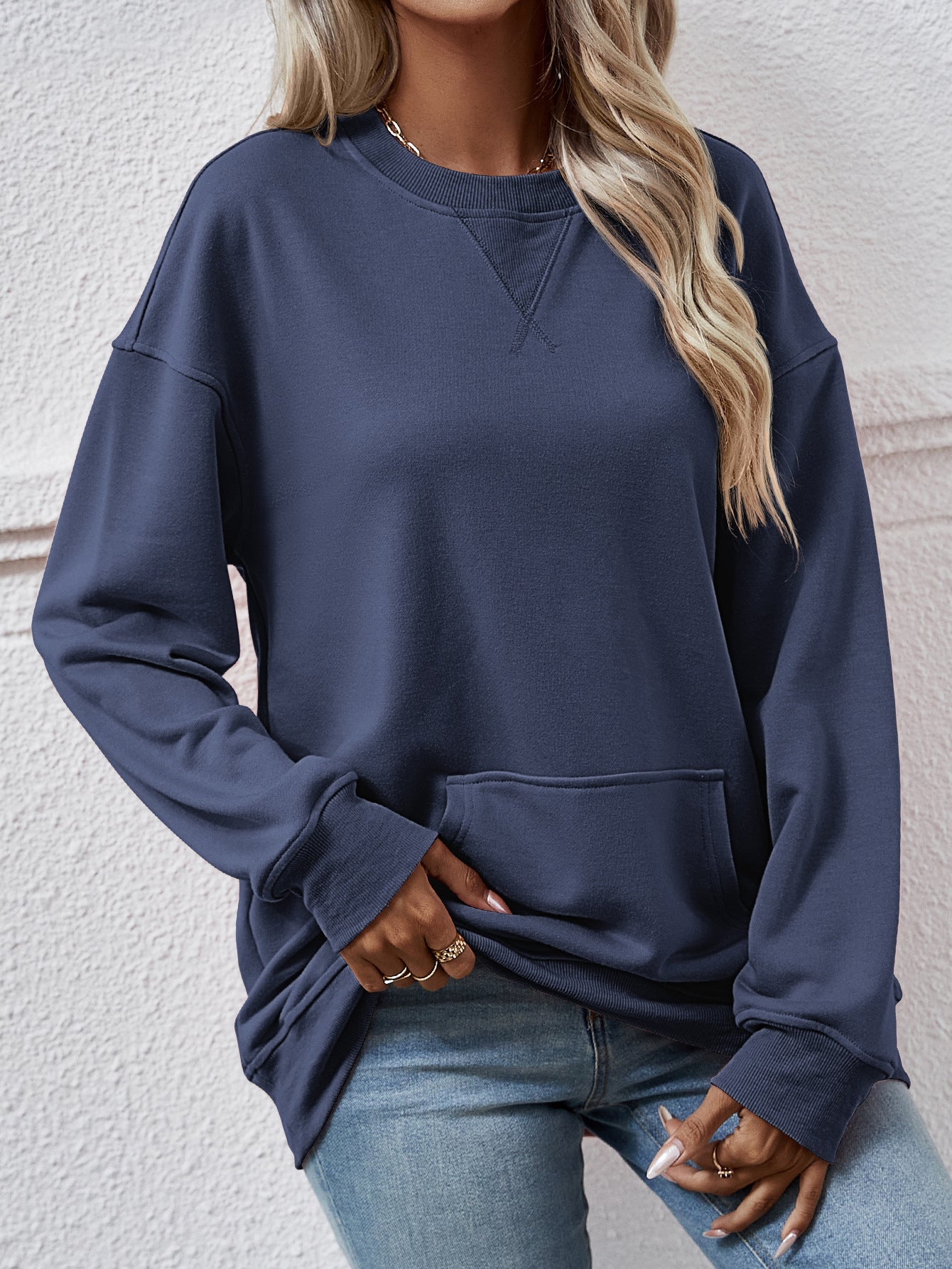 Autumn Winter Casual Sweatshirt Women Loose Round Neck Pocket Women Top