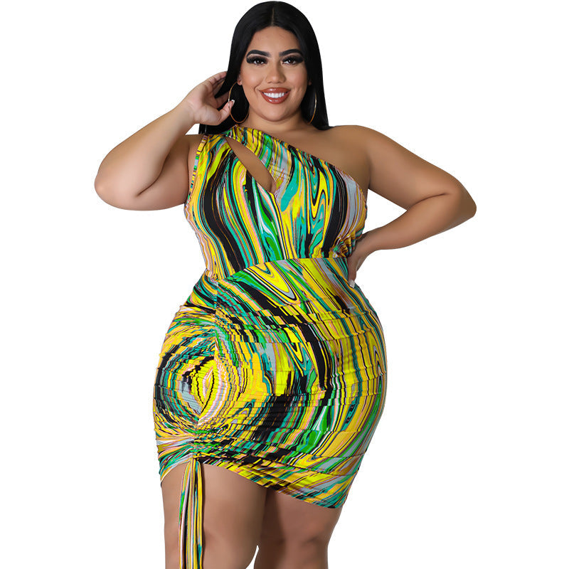 My927 plus Size Women Clothes Pattern Print One-Shoulder Sleeve Sexy Drawstring Bag Hip Dress