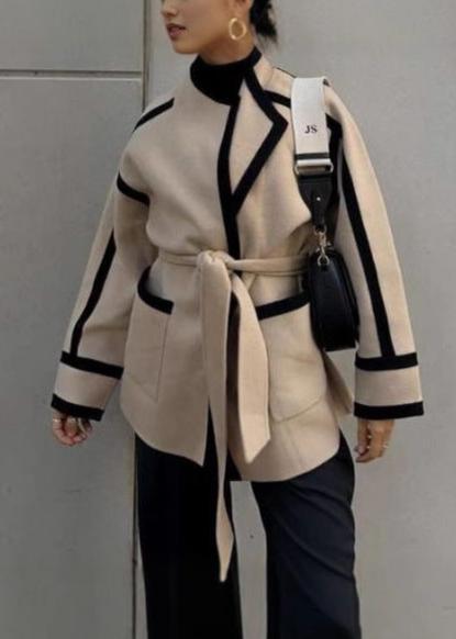 Contrast Trim Belted Wool Coat