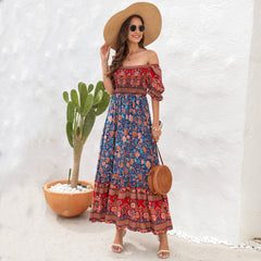 Bohemian Beach Holiday Dress: Off Shoulder Puff Sleeve Floral Midi Dress