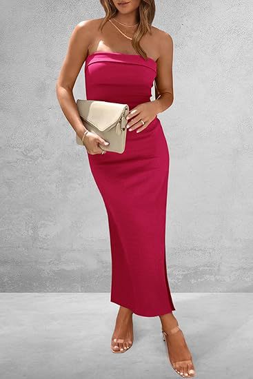 Women Clothing Shein Popular Side Slit Tube Top Tight Sunken Stripe Dress – Trendy Sleeveless Bodycon Maxi Dress