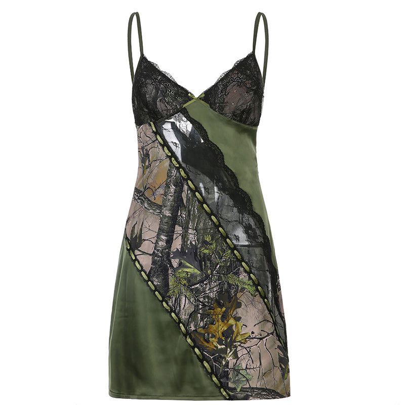 Green Leaf Printed Lace Stitching Suspender  Young Sexy V neck Backless See through Short