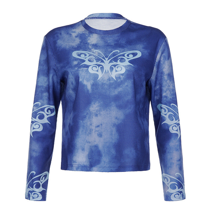 Niche Tie Dyed Dark Blue Butterfly Print Loose round Neck Long Sleeve Sweater Autumn Basic Casual Top