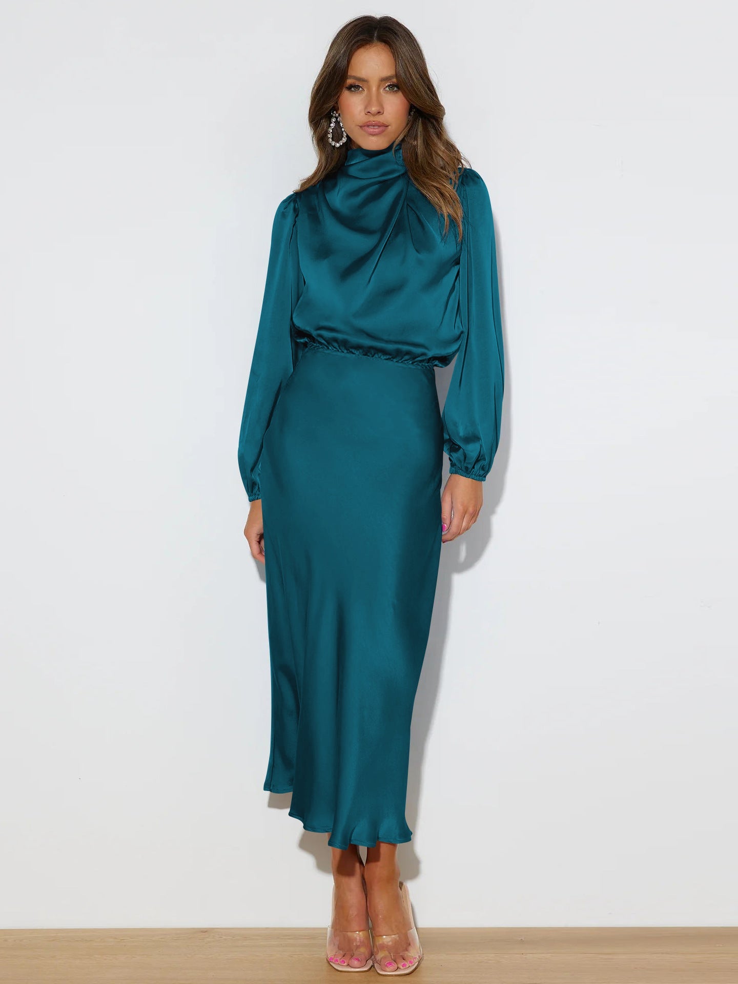 Autumn High Grade Satin Long Sleeve Loose Dress Elegant Women Dress Evening Dress Dress