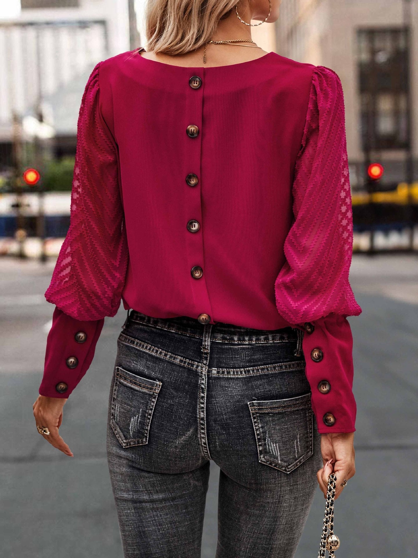 Fall Winter Solid Color round Neck Button Long Sleeve Blouse Top