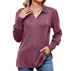 Autumn Winter Women’s Loose Fitting Sanding Polo Collar Long Sleeve Button T-shirt Top