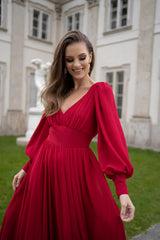 Fall Women  Clothing Dress Sexy Chiffon Long Sleeve Red Dress Long Dress