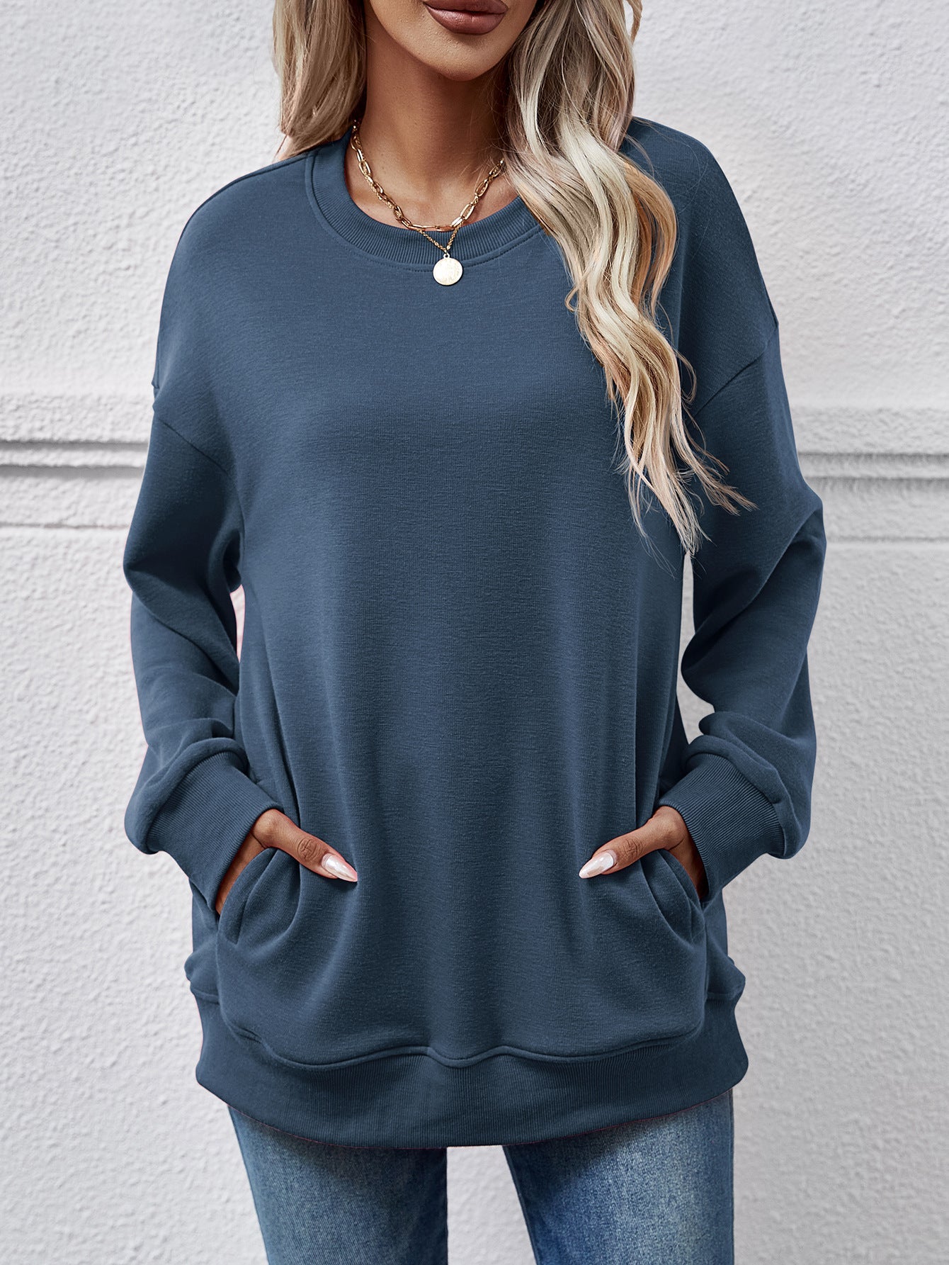 Autumn Winter Women Clothing Brushed Hoody Women Loose Round Neck Pocket Top