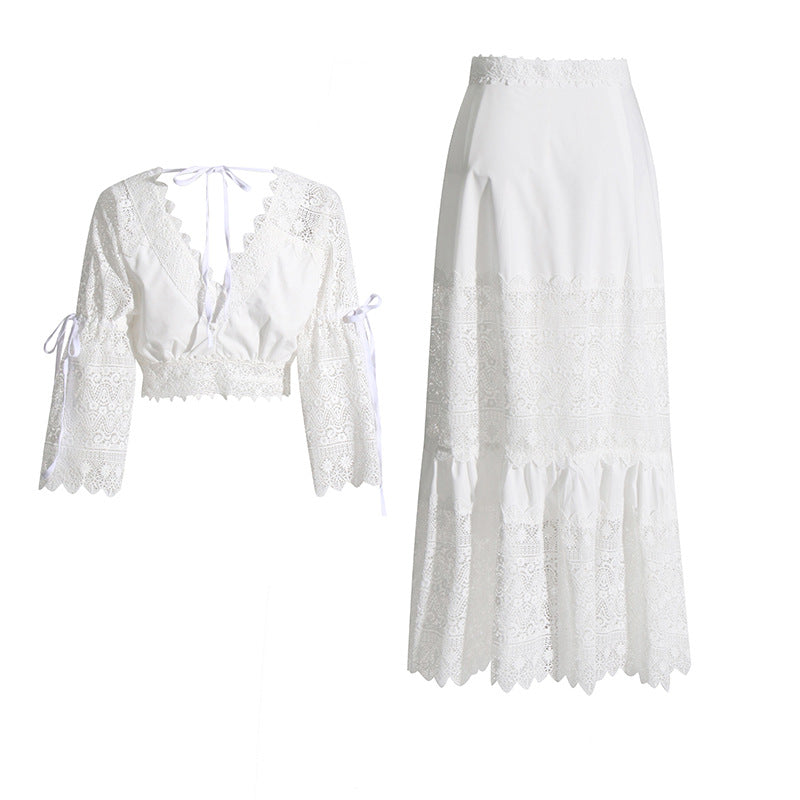 Suit Women  Two Piece Set Classic Design Embroidered Lace Short Top A  line Skirt