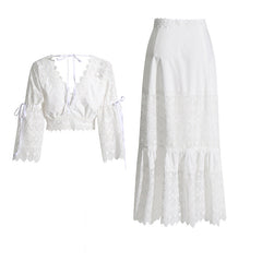 Suit Women  Two Piece Set Classic Design Embroidered Lace Short Top A  line Skirt