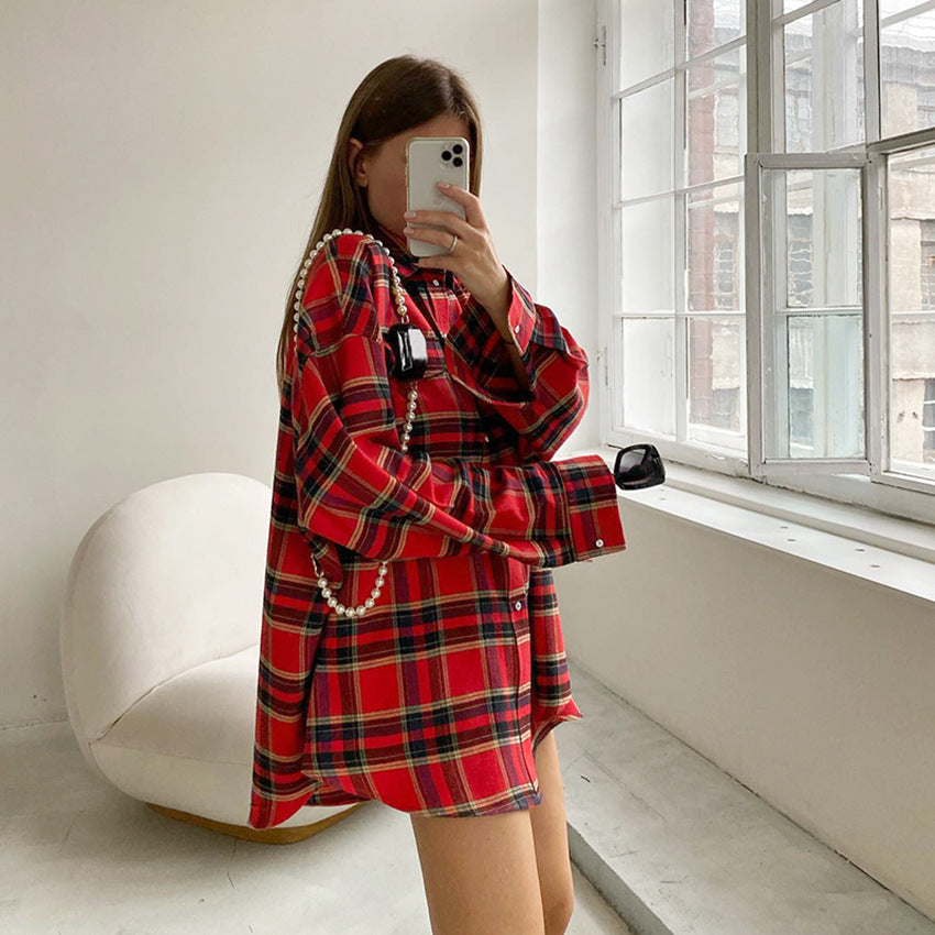 Spring Plaid Shirt Women Trend Retro Plaid Top Baggy Coat Women