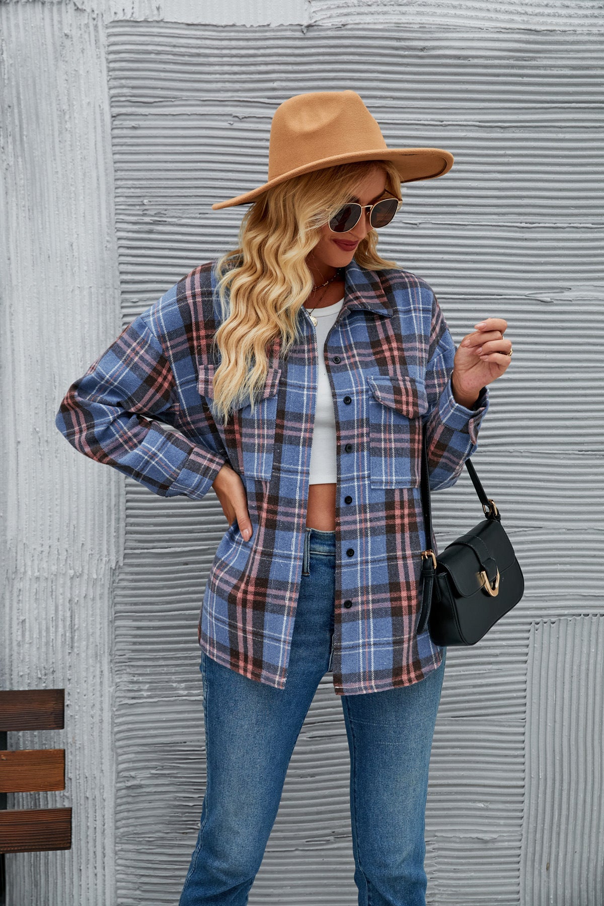 Women’s Casual Button Pocket Plaid Loose Woolen Coat