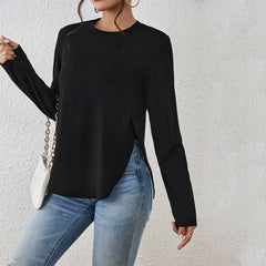 Autumn Winter Women Loose Fitting Casual Round Neck Split Long Sleeve T shirt Top