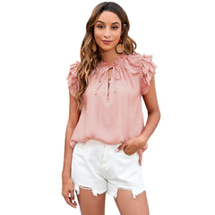 Summer Loose Solid Color Ruffle Sleeve Top V neck Women Clothing T shirt