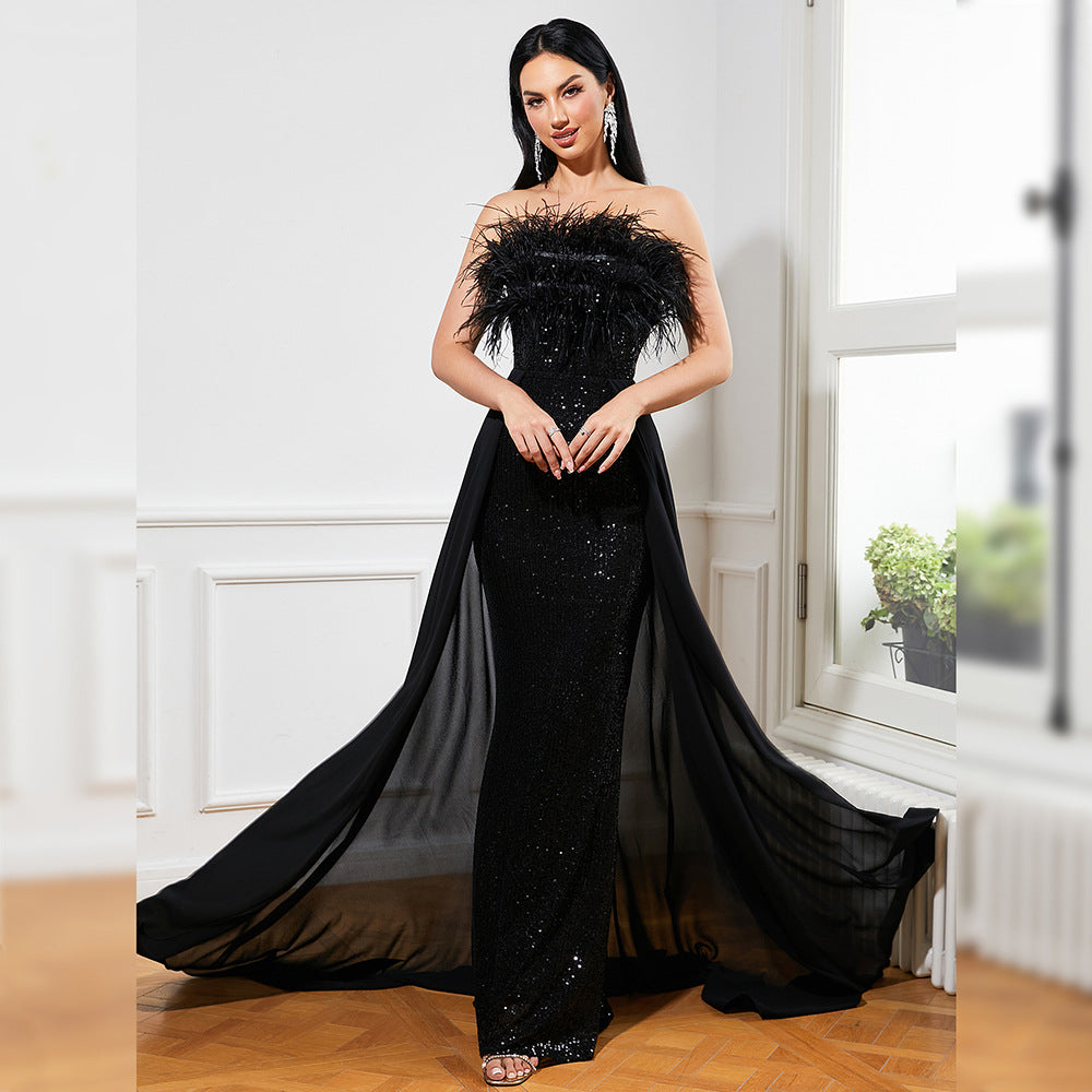 Sexy Long Sequined Sleeveless Feather Wrapped Chest Backless Cocktail Evening Dress Bridesmaid Bodycon Maxi Dress Women