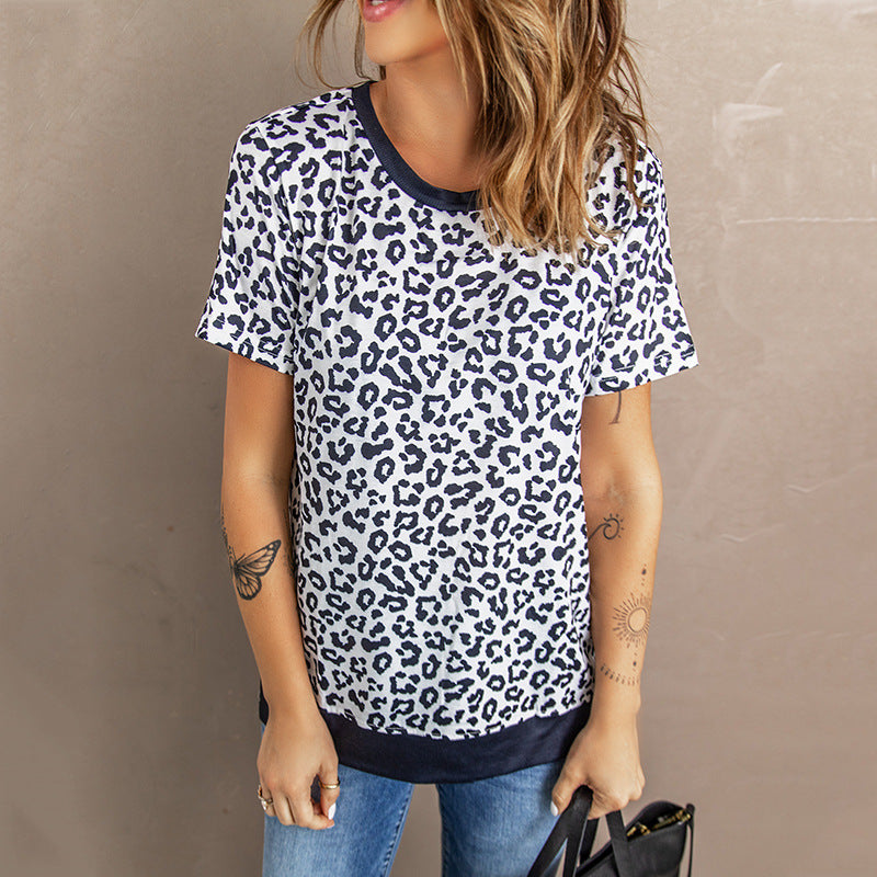 Summer Leopard Print Printed Short-Sleeved Top Female round Neck Pullover Top