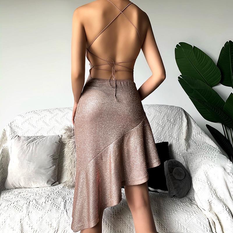 Knitted Glitter Sexy Backless Strap Dress Women Spring Clothing Sheath Short Dress