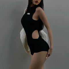 Sexy Cutout Turtleneck Sleeveless Jumpsuit Summer Outdoor Sports Casual Shorts