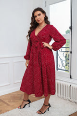 Plus Size Swing Artistic Red Dress – Cotton Office Polka Dot Long Sleeve Women Clothing