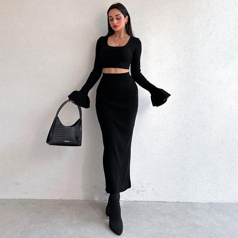 Women Clothing Autumn Sexy Cropped Sheath Slim Fit Long Sleeve Slightly Flared Skirt Set