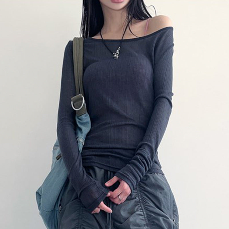 Sexy Solid Color Backless Knit Casual Top Autumn Basic Slim Fit Long Sleeve Round Neck T Shirt