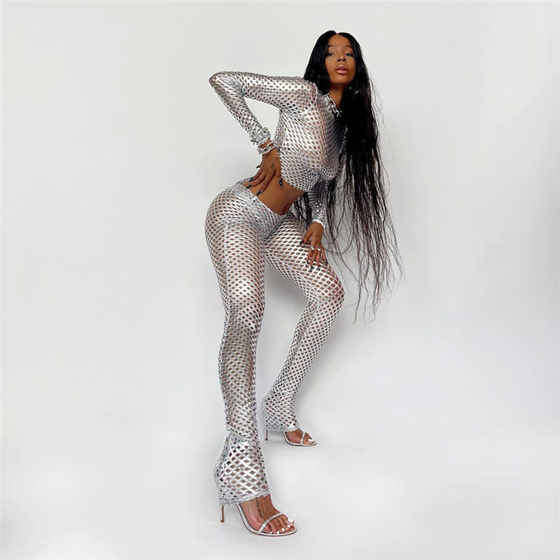 Metallic Coated Fabric Fall Women Clothing Nightclub Performance Long Sleeve Round Neck Net Hole Sexy Tight Trousers Two-Piece Set