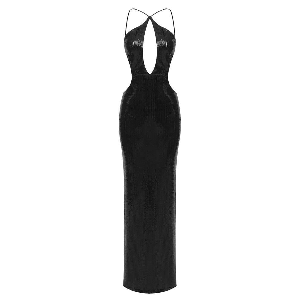 Summer Sexy Nightclub Cutout Halter Backless Sequin Maxi Dress Women Clothing Dress