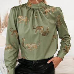 Spring Summer Leopard Printed Shirt Long Sleeve Pullover Shirt Top for Women